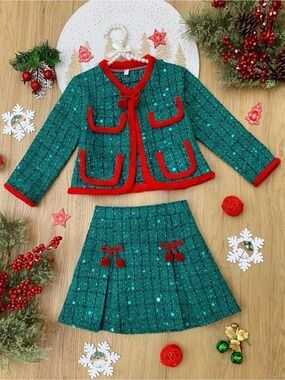 Mia Belle Girls Green Sequin Tweed Set Red Trim 2T NWT